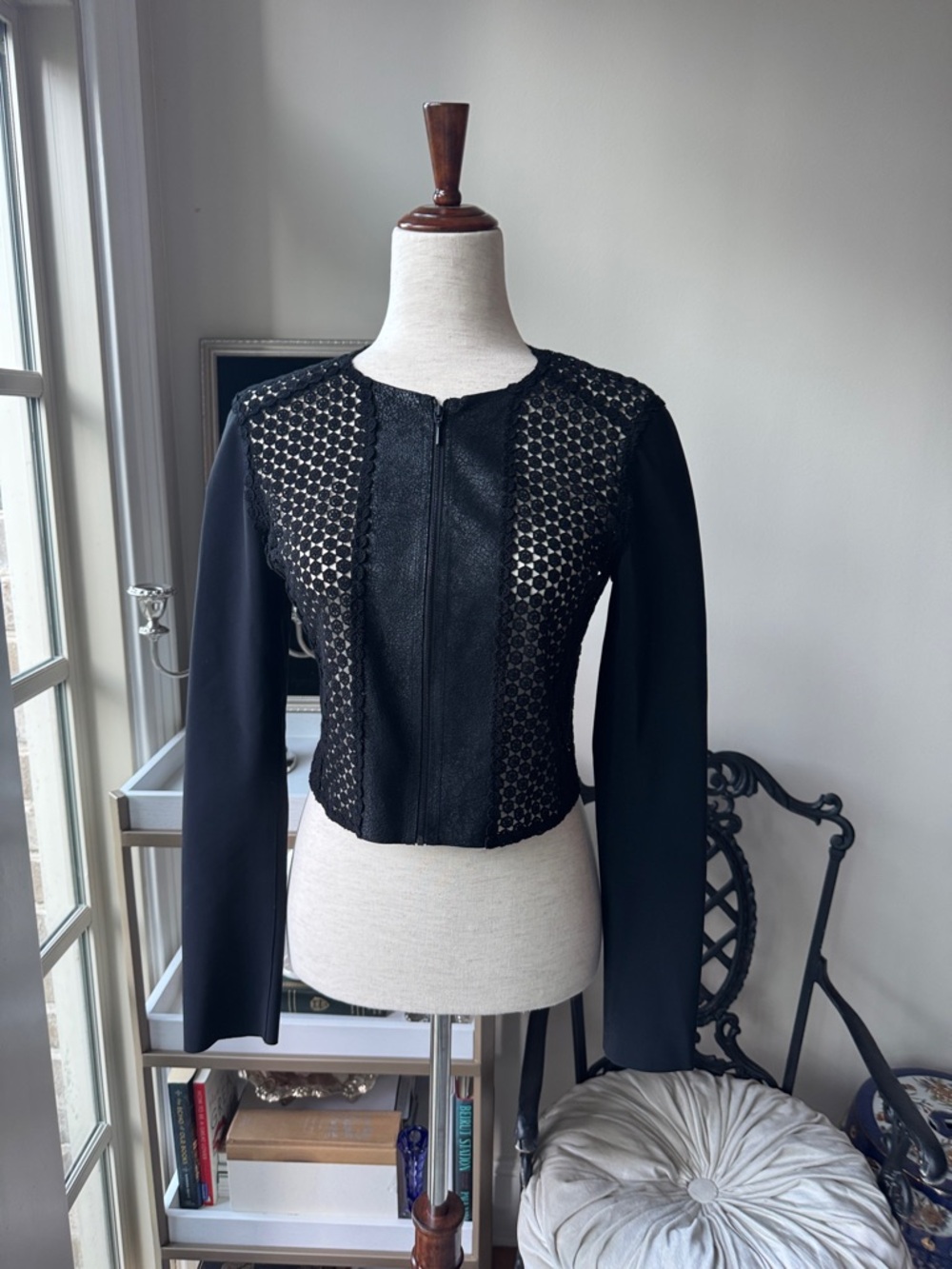 Elie Tahari Black Lace-Panel Zip-Front Blazer